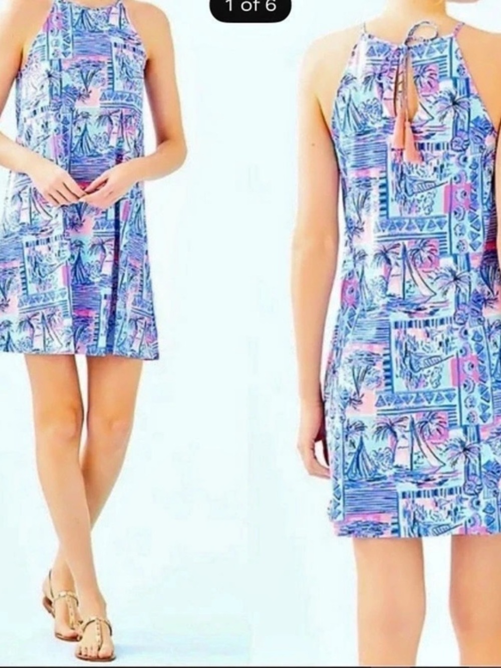 Lilly Pulitzer Yvette Halter Dress Printed Mini Blue & Pink